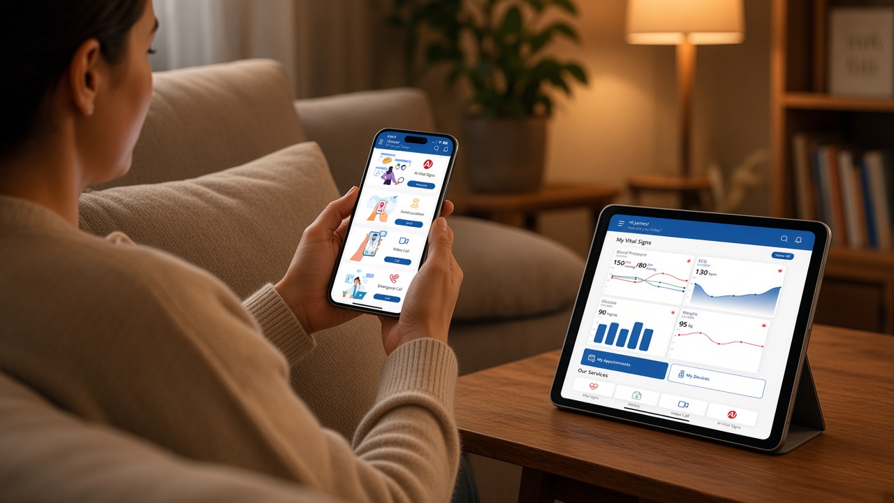 Patient using ePokratis health app on phone and tablet