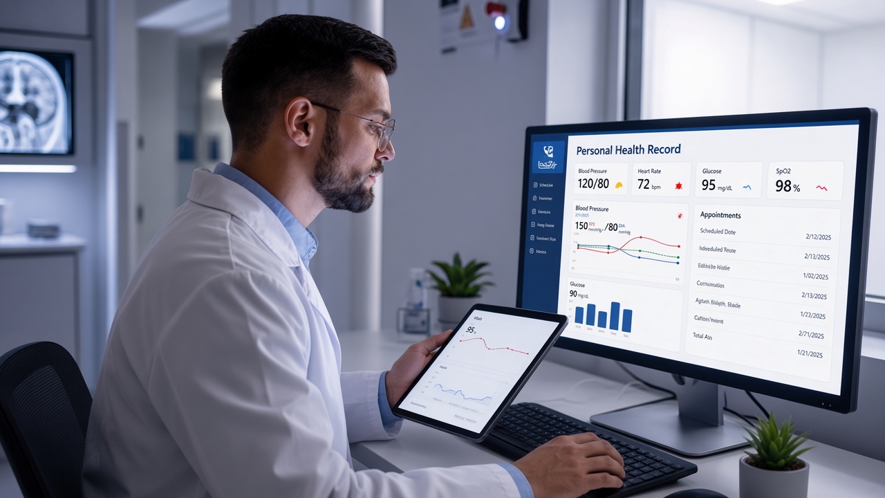 Clinician reviewing personalised PHR numbers and graphs