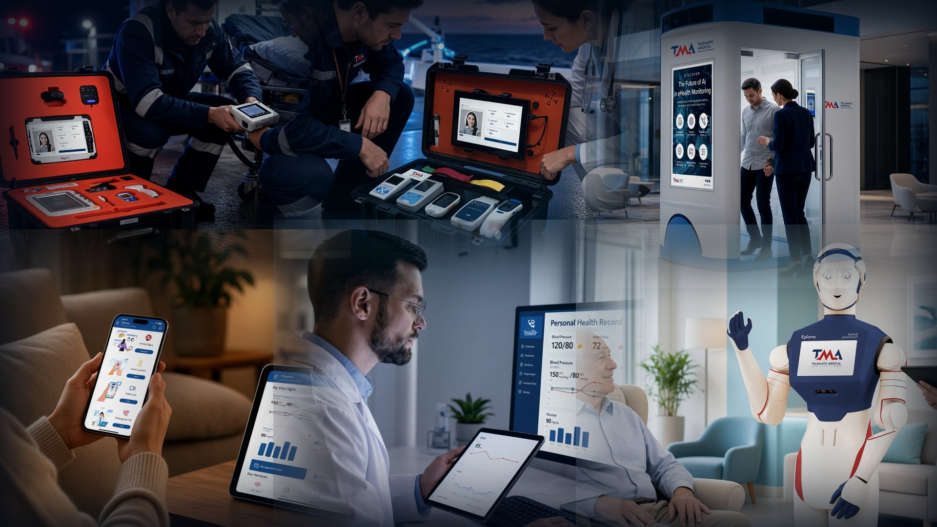 Collage of TMAiX edge-care use cases — EMS, maritime, MediStation, ePokratis, eWAVE, and Epione